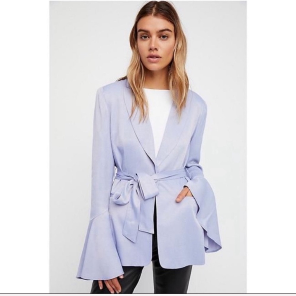 Free People Lavender Tie-Waist Bell Sleeve Blazer